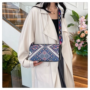 Dettaglio della borsa a secchiello bohémien jacquard con motivi geometrici e tracolla
