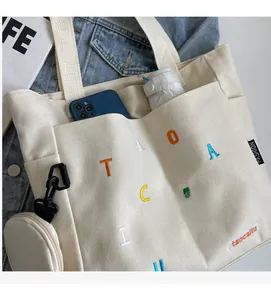 Dettaglio della borsa tote in tela con tasca frontale, mini borsa, telefono e ombrello