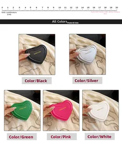 Collection of heart-shaped mini bags in black, silver, green, pink, and white faux leather
