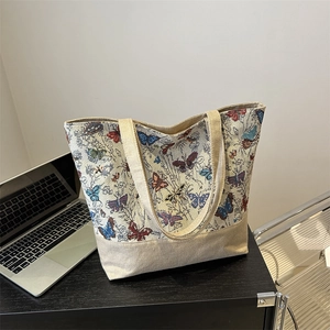 Borsa Tote in Cotone e Lino con Stampa Floreale a Farfalla Vintage da Donna Borsa a Tracolla Casual di Grande Capacità per Viaggi