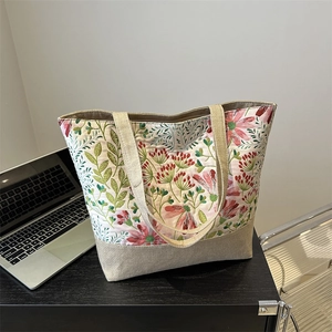 Borsa tote in lino retrò con stampa floreale a farfalla e manici intrecciati rinforzati