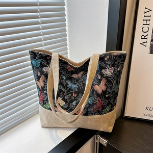 Borsa tote in lino stile pittura a olio vintage con motivi di farfalle colorate