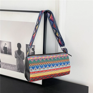 Borsa a Secchiello Stile Etnico Bohemien Donna Grande Capacità Lino PU Tessitura Geometrica Tracolla Con Ampia Cinghia Regolabile