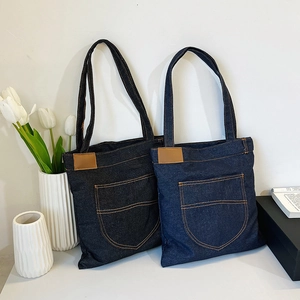 Borsa Tote in Denim Vintage da Donna Grande Capacità Borsa a Tracolla Cuciture a Contrasto Casual Tela Shopping Borsa Quotidiana