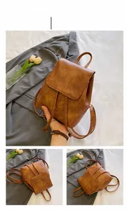 Dettaglio zaino vintage marrone con texture invecchiata e chiusura a patta con coulisse