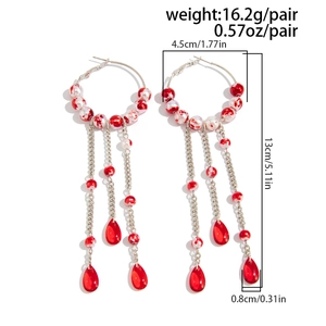 Detail showing red pearl tassel earrings dimensions and bohemian gothic metal rings
