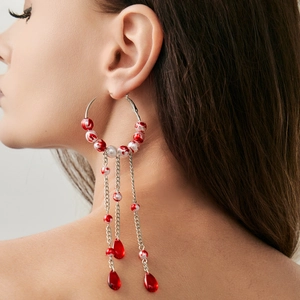 Gothic bloody pearl hoop earrings with long chain tassels and red crystal drops