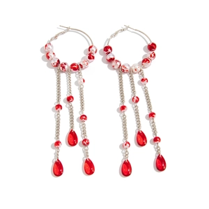 Gothic silver hoop earrings with blood-red pearl tassels and teardrop beads for Halloween