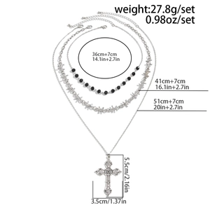 Detailed size parameters of silver triple-layered gothic cross pendant necklace set
