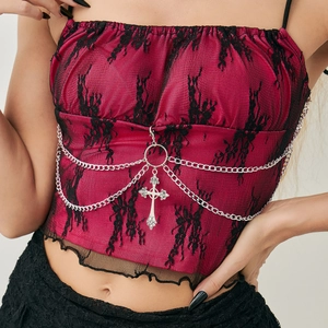 Gothic red and black lace camisole with metal body chains and silver cross pendants