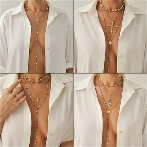 Collana Multistrato Da Donna Metallo Lega Con Ciondolo A Croce Perla Artificial Sintetica Strass Acrilico Colorato Medaglia Vergine Maria Boho