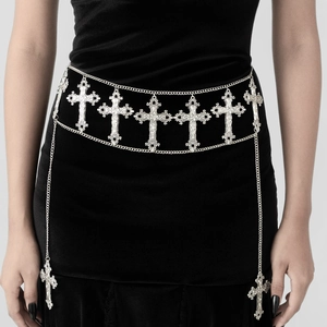 Gothic zilveren metalen tailleketting met sierlijke kruishangers op zwart fluweel