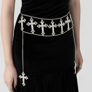 Gothic zilveren gelaagde tailleketting met barokke holle kruishangers voor vrouwen