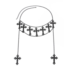 Gothic zwarte metalen tailleketting met negen gedetailleerde kruishangers