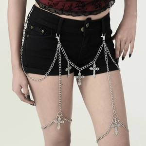 Gothic silver layered body chain featuring metal cross pendants and hip-hop punk style