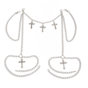 Gothic silver metal body chain featuring multiple layers and vintage cross pendants