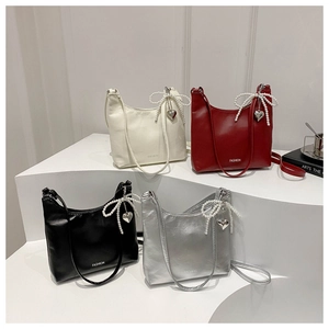 Sac Hobo Femme Cuir PU Sac Sous L'aisselle Avec Nœud Künstliche Perles Et Pendentif Cœur Mode Élégante Douce Sac À Épaule
