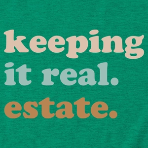 Vista macro del tessuto in cotone verde con la stampa vintage di keeping it real estate