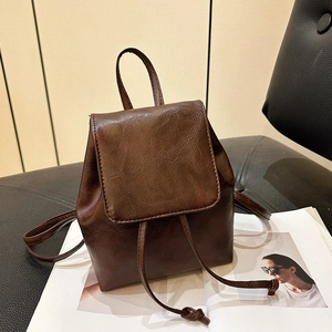 Zaino Piccolo in Pelle PU Vintage da Donna Borsa da Scuola per Viaggi Casual Tinta Unita Stile Urbano Semplice con Patta e Coulisse