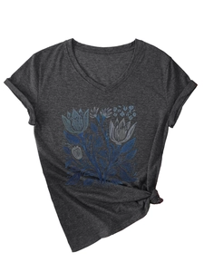 T-shirt grigio scuro con scollo a V, stampa floreale blu e dettaglio con nodo laterale