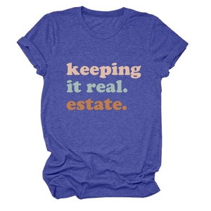 T-shirt blu mélange in piano con scritta vintage keeping it real estate