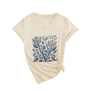 T-shirt beige con scollo a V, motivo floreale blu vintage e nodo laterale alla moda