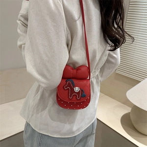 Borsa a tracolla rossa a forma di pony con fiocco e trama trapuntata per bambine