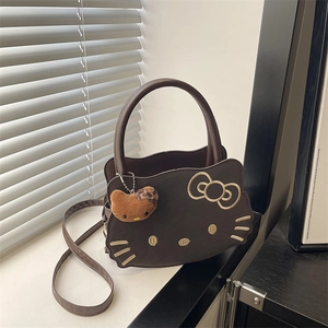 Women Cute Cartoon Cat Shape Handbag Synthetic Leather Embroidery Shoulder Crossbody Bag With Soft Pendant Dark Coffee