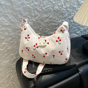 Borsa A Spalla Da Donna In Velluto A Coste Con Stampa Fragola Floreale Borsa Sottobraccio Stile Coreano Vintage Hobo Tracolla