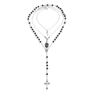Set di collane gotiche con ciondolo a croce, perline di cristallo nero e catene d'argento