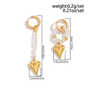 Detailed dimensions of gold asymmetrical heart drop earrings with crystal beads and size markings