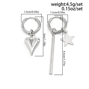 Detailed view of asymmetric silver earrings with heart and star charms and dimension specs