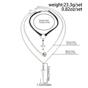 Detailed size chart for layered punk cross and skull necklaces with sword pendants