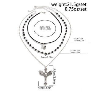 Detailed size specifications for triple layered punk gothic cross skull necklace set