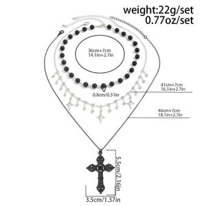 Detailed size specifications for the triple-layer gothic cross pendant necklace set
