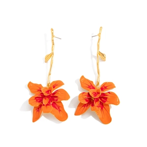 Elegant gold orchid drop earrings with vibrant orange floral petals for women