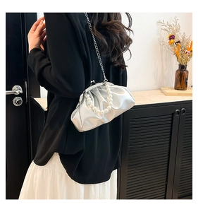 Silver pleated dumpling bag with pearl handle and metal chain shown on shoulder