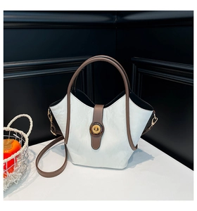 Detailed shot of two-tone bucket bag with gold twist lock and brown leather trim