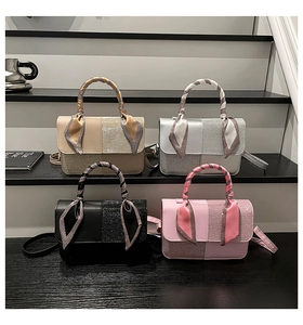 Four elegant crossbody square bags featuring silk scarf handles and sequin patchwork