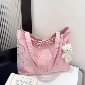 Borsa Tote Con Stampa A Stelle Nylon Grande Capacità Fiocco Con Ciondolo Orsetto Di Peluche Stile Coreano Borsa Quotidiana