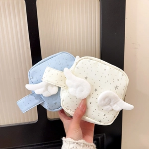Sparkly star angel wing square coin purse in light blue and cream fabric colors