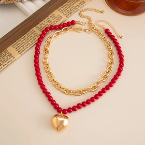 Vintage red acrylic beaded double-layer necklace with gold heart pendant and OT buckle