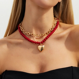 Fashion Multi-layer Heart Pendant Necklace For Women Alloy CCB Beads Chunky Chain Gold Silver Red Jewelry Gift