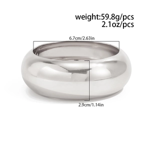 Detailed view of silver polished metal bangle showing weight 59.8g and dimensions