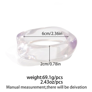 Detail view of transparent acrylic wide bangle showing 6cm inner diameter and 2cm width