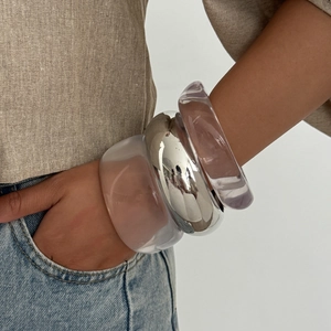 Fashion Irregular Transparent Resin Bangle Set Polished Silver Metal Thick Cuff Bracelet For Women Minimalist Jewelry