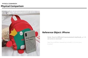 Vista dettagliata dello zaino a dinosauro per bambini rosso e verde con iPhone per misura