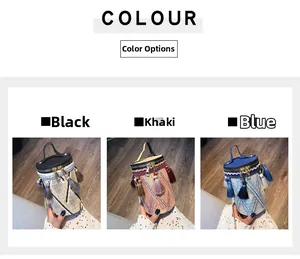 Cylindrical straw bucket bags in black, khaki and blue colors with tassel detail