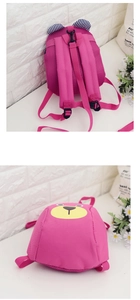 Detail of pink bear toddler backpack featuring breathable mesh back and adjustable chest straps