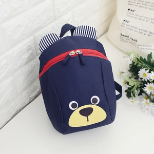 Blue cartoon bear toddler backpack with striped ears and durable canvas material